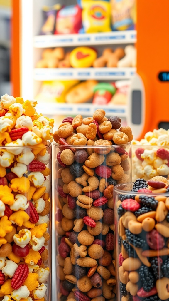 An assortment of colorful snacks in containers, with a vending machine in the background.